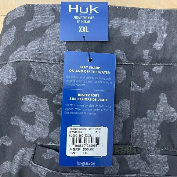 HUK Performance Pursuit Running Lakes Gray Camo Fishing 6&quot; Shorts Men's Size XXL