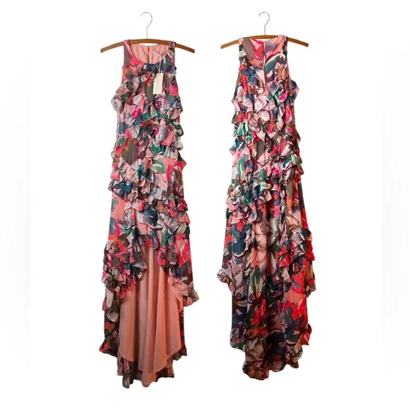Hutch Design Dress Cecilia Waterfall Maxi Dress Pink Halter Neckline | XS