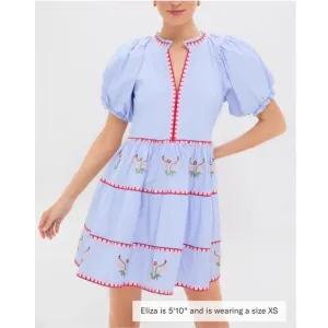 HYACINTH HOUSE Blue Pinstripe Embroidered V-Neck Lillian Mini Dress