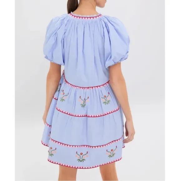 HYACINTH HOUSE Blue Pinstripe Embroidered V-Neck Lillian Mini Dress