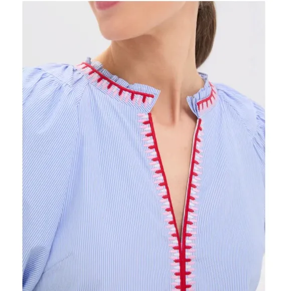 HYACINTH HOUSE Blue Pinstripe Embroidered V-Neck Lillian Mini Dress
