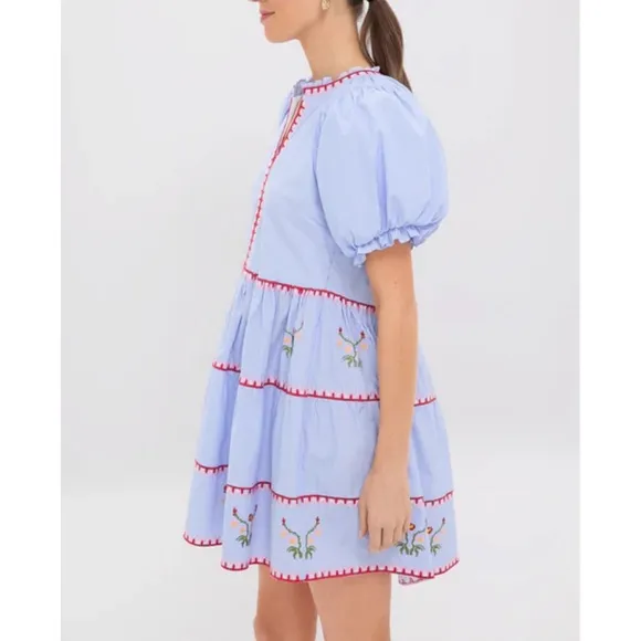 HYACINTH HOUSE Blue Pinstripe Embroidered V-Neck Lillian Mini Dress