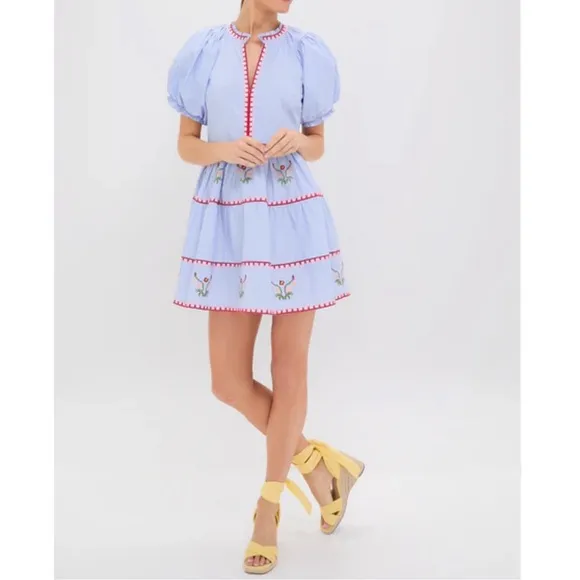 HYACINTH HOUSE Blue Pinstripe Embroidered V-Neck Lillian Mini Dress