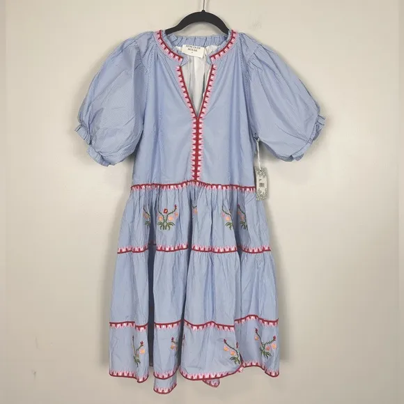 HYACINTH HOUSE Blue Pinstripe Embroidered V-Neck Lillian Mini Dress