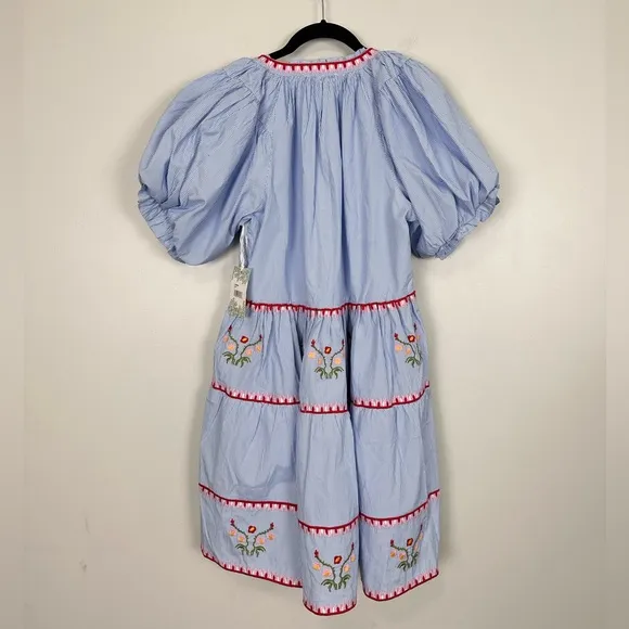 HYACINTH HOUSE Blue Pinstripe Embroidered V-Neck Lillian Mini Dress