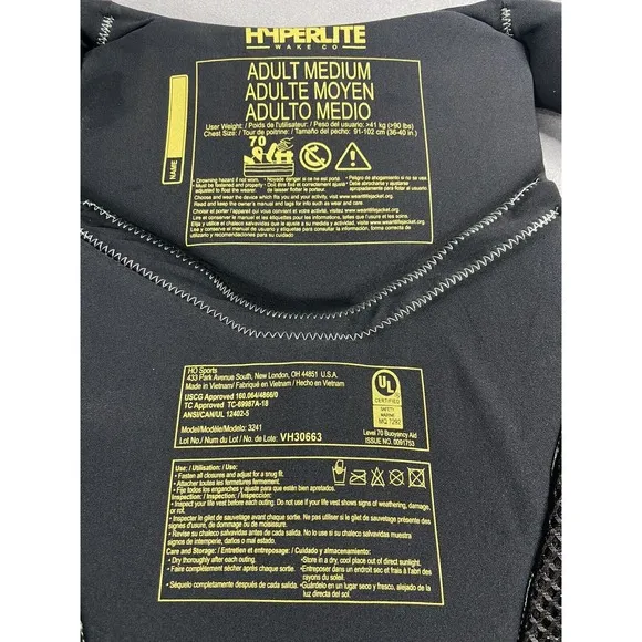 HyperLite Wake Co Life Jacket Adult Medium Black Water Sports Vest Swim Boat 70