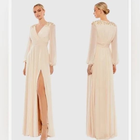 Ieena for Mac Duggal Embellished Shoulder Blouson Sleeve Evening Gown Porcelain