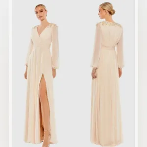 Ieena for Mac Duggal Embellished Shoulder Blouson Sleeve Evening Gown Porcelain
