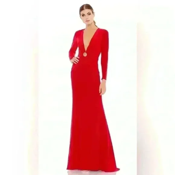 Ieena for Mac Duggal Gathered Pearl Long Sleeve Keyhole Gown NWOT Size 4