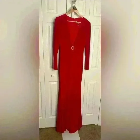 Ieena for Mac Duggal Gathered Pearl Long Sleeve Keyhole Gown NWOT Size 4