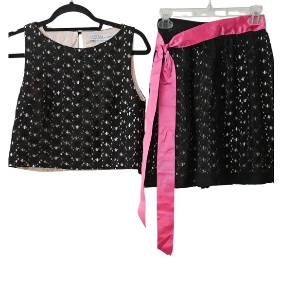 Ienna for Mac Duggal 2 piece black top &amp; mini skirt with pink bow SZ 4 NWT
