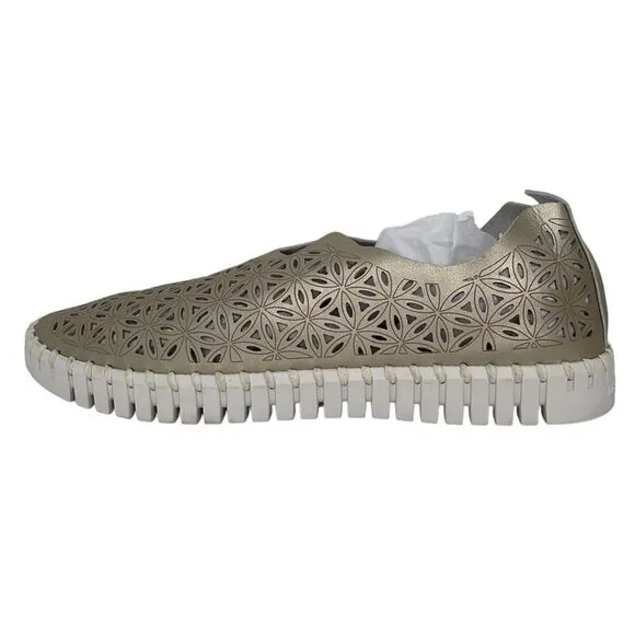 Ilse Jacobsen Hornbaek Women's Slip on Shoes Cut Out Floral Gold Size 41