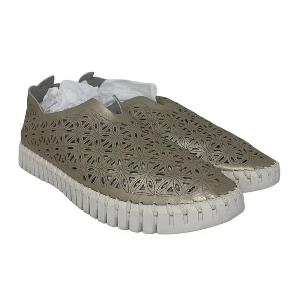 Ilse Jacobsen Hornbaek Women's Slip on Shoes Cut Out Floral Gold Size 41