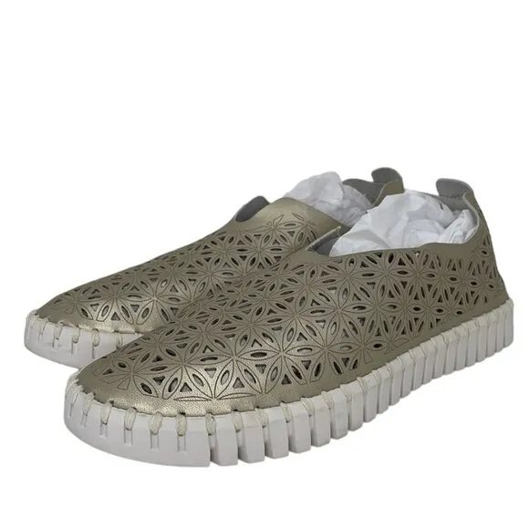 Ilse Jacobsen Hornbaek Women's Slip on Shoes Cut Out Floral Gold Size 41