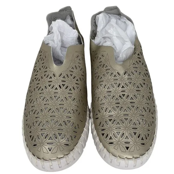 Ilse Jacobsen Hornbaek Women's Slip on Shoes Cut Out Floral Gold Size 41
