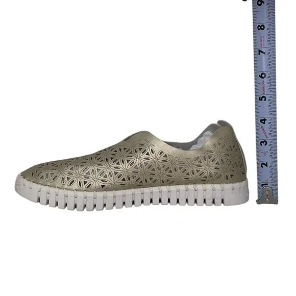 Ilse Jacobsen Hornbaek Women's Slip on Shoes Cut Out Floral Gold Size 41