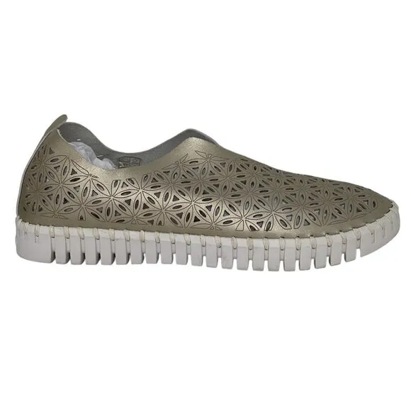 Ilse Jacobsen Hornbaek Women's Slip on Shoes Cut Out Floral Gold Size 41