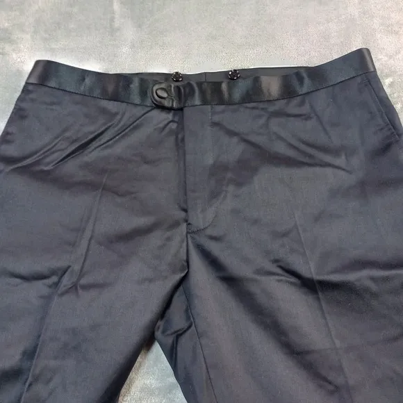 Indochino Tuxedo Formal Pants Black Wool Cashmere Newbury Adjustable Waist Satin