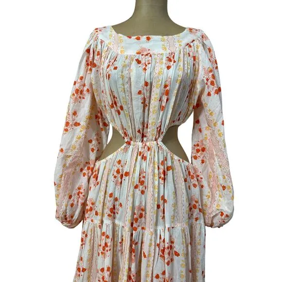 Innika White Cotton Floral Cut Out Long Sleeve Maxi Dress size Large