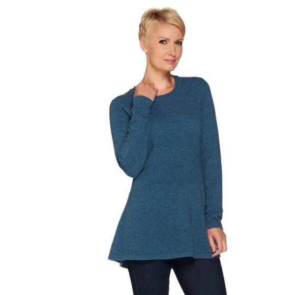 Isaac Mizrahi Live! 2-Ply Cashmere Peplum Tunic Pull Over Sweater Teal Large