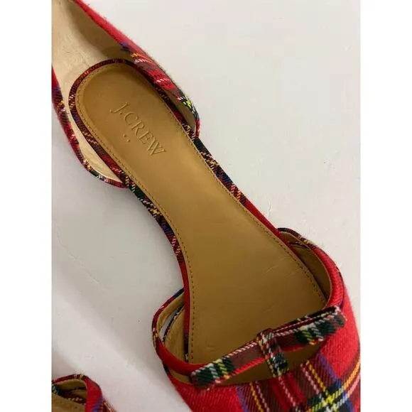 J Crew 10 Flats Pointed Toe D'orsay Plaid Tartan Red Bow Slip On Shoes Preppy