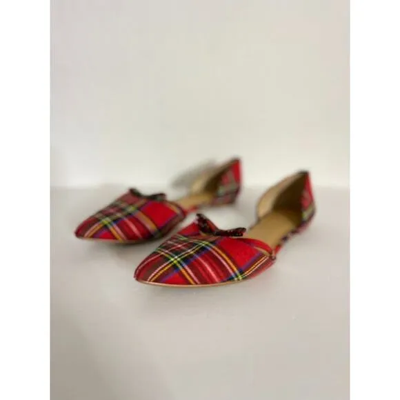 J Crew 10 Flats Pointed Toe D'orsay Plaid Tartan Red Bow Slip On Shoes Preppy