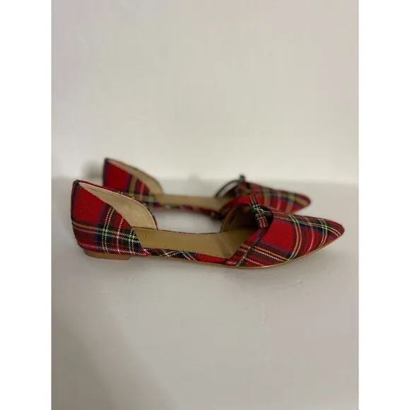 J Crew 10 Flats Pointed Toe D'orsay Plaid Tartan Red Bow Slip On Shoes Preppy