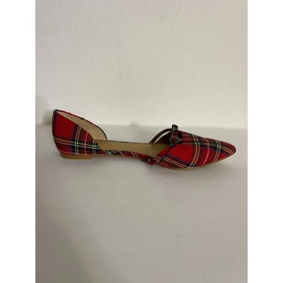 J Crew 10 Flats Pointed Toe D'orsay Plaid Tartan Red Bow Slip On Shoes Preppy