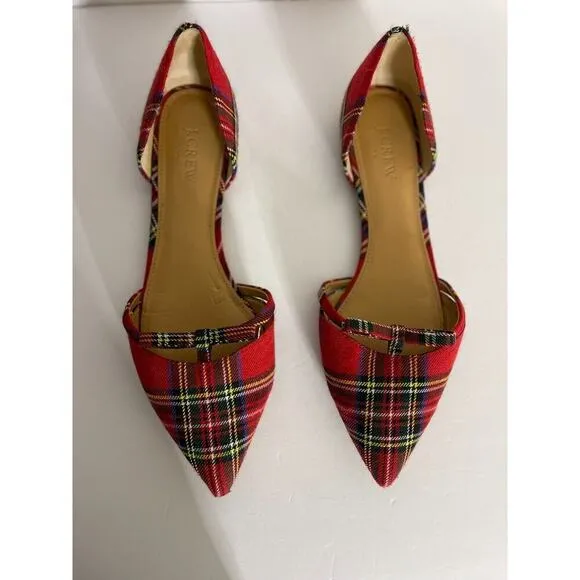 J Crew 10 Flats Pointed Toe D'orsay Plaid Tartan Red Bow Slip On Shoes Preppy