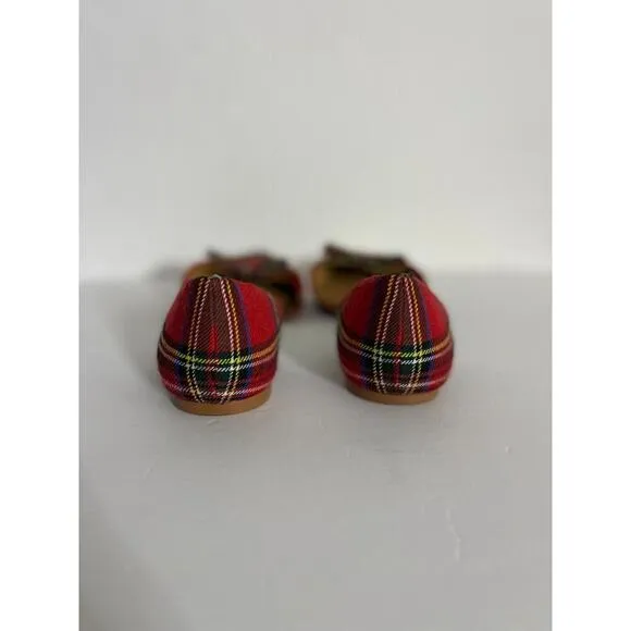 J Crew 10 Flats Pointed Toe D'orsay Plaid Tartan Red Bow Slip On Shoes Preppy