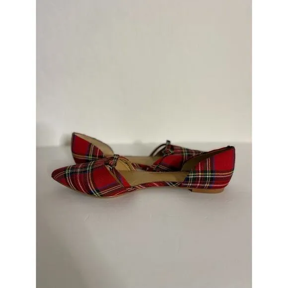 J Crew 10 Flats Pointed Toe D'orsay Plaid Tartan Red Bow Slip On Shoes Preppy