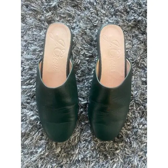 J Crew 6.5 Flats Leather Slip On Slipper Mules Green Round Toe Comfort Shoes