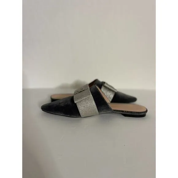 J Crew 9.5 Flats Velvet Pointed Toe Mules Gray Silver Bow Slip On Fairy Preppy