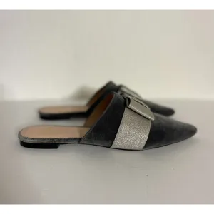 J Crew 9.5 Flats Velvet Pointed Toe Mules Gray Silver Bow Slip On Fairy Preppy