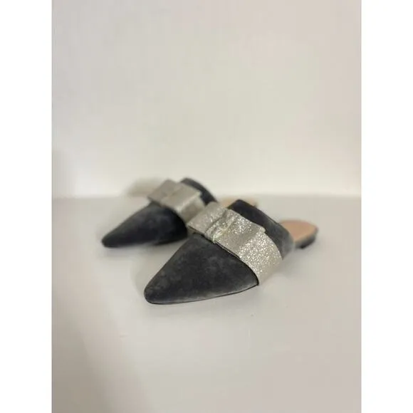 J Crew 9.5 Flats Velvet Pointed Toe Mules Gray Silver Bow Slip On Fairy Preppy