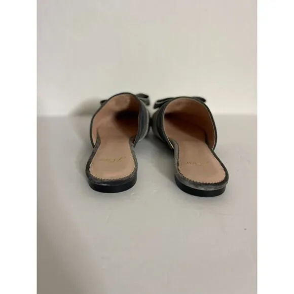 J Crew 9.5 Flats Velvet Pointed Toe Mules Gray Silver Bow Slip On Fairy Preppy