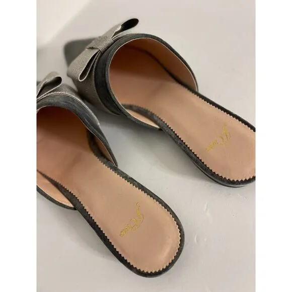 J Crew 9.5 Flats Velvet Pointed Toe Mules Gray Silver Bow Slip On Fairy Preppy