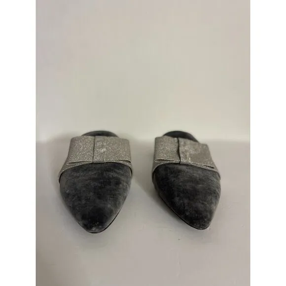 J Crew 9.5 Flats Velvet Pointed Toe Mules Gray Silver Bow Slip On Fairy Preppy