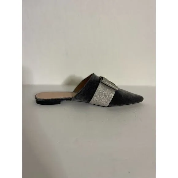 J Crew 9.5 Flats Velvet Pointed Toe Mules Gray Silver Bow Slip On Fairy Preppy