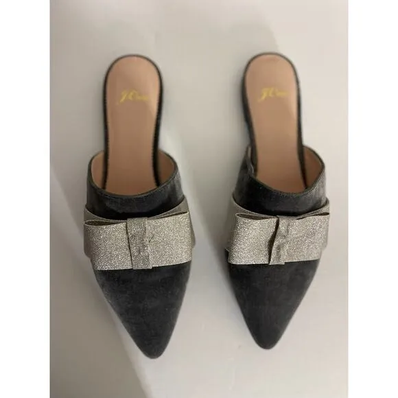 J Crew 9.5 Flats Velvet Pointed Toe Mules Gray Silver Bow Slip On Fairy Preppy