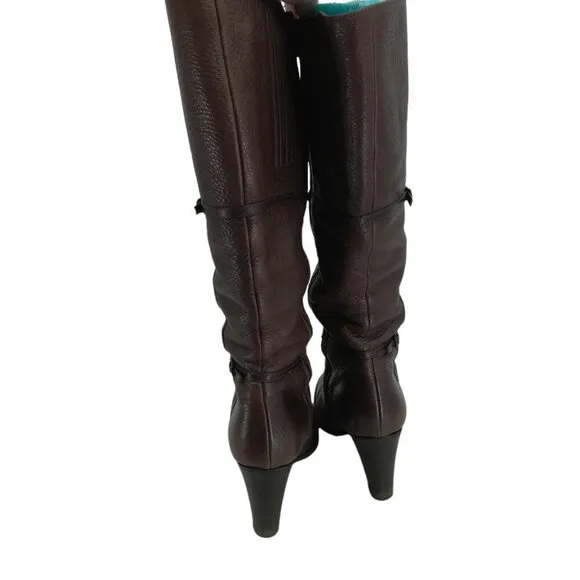 J Crew Brown Leather Knee High Heeled Boots Size 8.5 Side Zip Buckles Italy