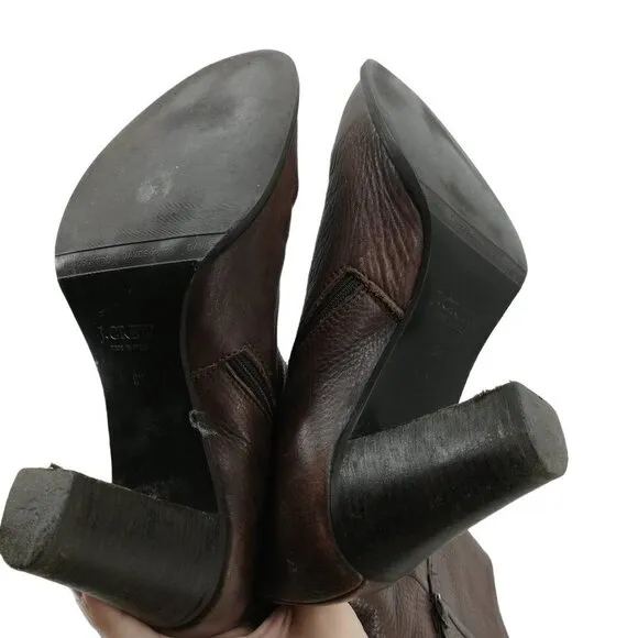 J Crew Brown Leather Knee High Heeled Boots Size 8.5 Side Zip Buckles Italy