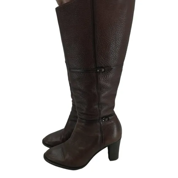 J Crew Brown Leather Knee High Heeled Boots Size 8.5 Side Zip Buckles Italy