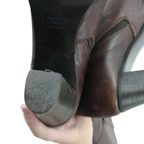 J Crew Brown Leather Knee High Heeled Boots Size 8.5 Side Zip Buckles Italy