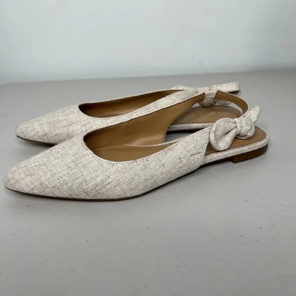 J. Crew Cream Natural Pointed Toe Sling Back Bow Flats Size 9.5