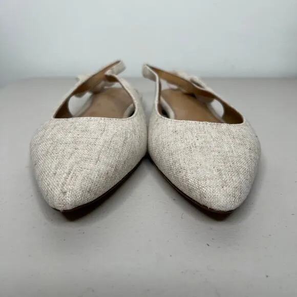 J. Crew Cream Natural Pointed Toe Sling Back Bow Flats Size 9.5
