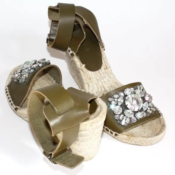 J. Crew Jeweled Vacchetta Olive Leather Espadrille Wedge Sandals