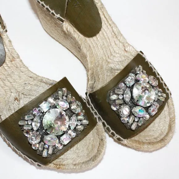 J. Crew Jeweled Vacchetta Olive Leather Espadrille Wedge Sandals