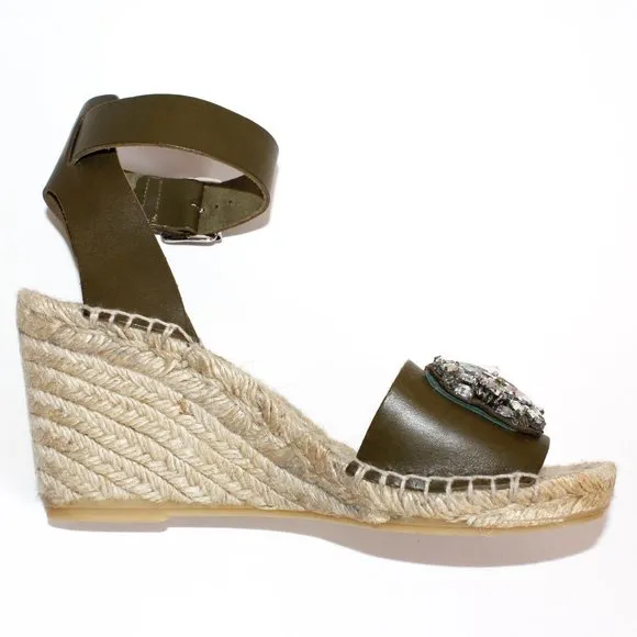 J. Crew Jeweled Vacchetta Olive Leather Espadrille Wedge Sandals