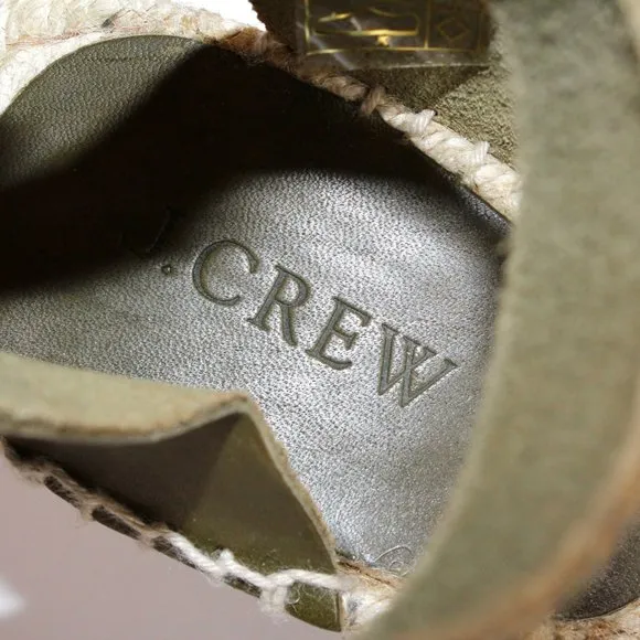 J. Crew Jeweled Vacchetta Olive Leather Espadrille Wedge Sandals